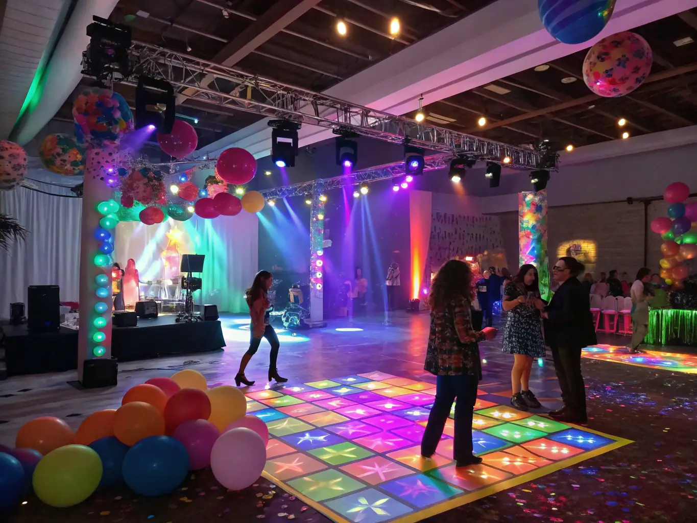 A lively private party with a CosmicCocktails mobile bar, featuring friends enjoying unique and colorful cocktails.