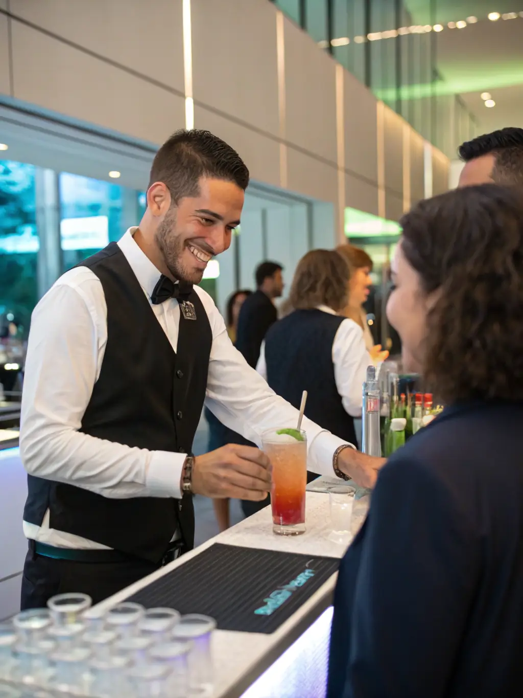 A dynamic image of a corporate event with attendees enjoying custom-branded cocktails served by CosmicCocktails, highlighting the professional and engaging atmosphere created for corporate clients.