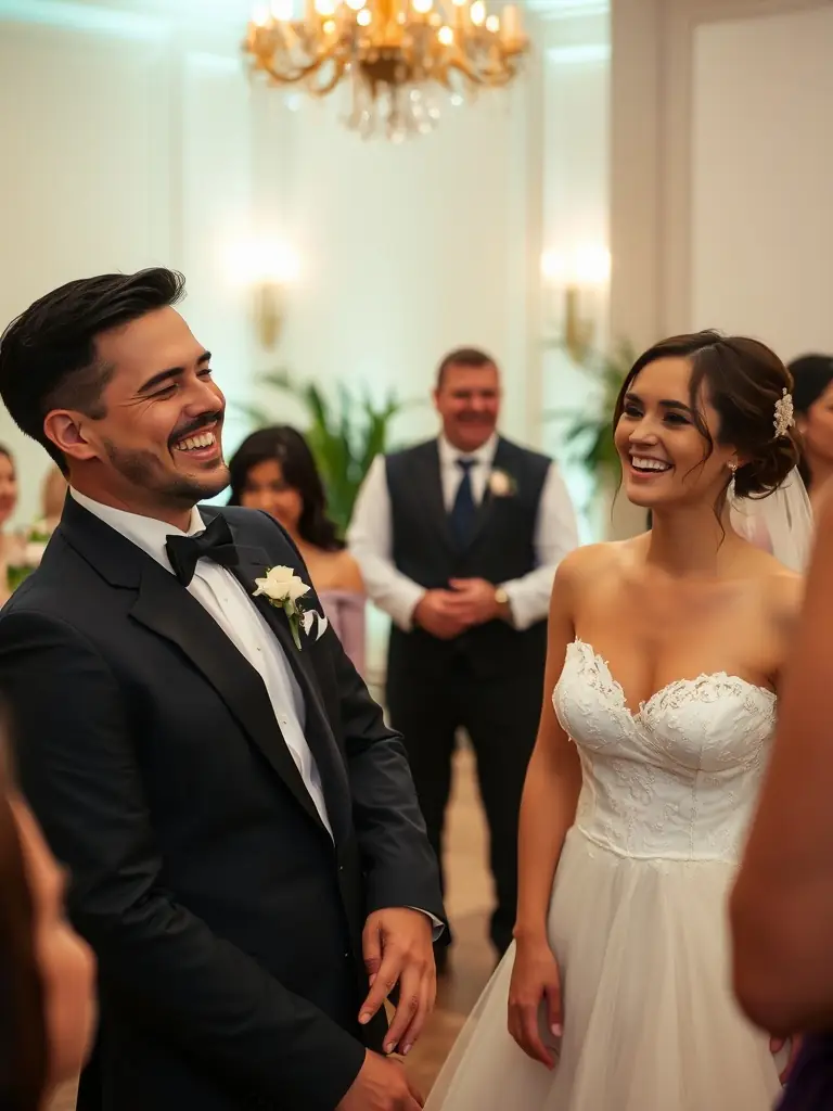 A vibrant image of a wedding reception with a CosmicCocktails bartender serving a signature cocktail to the bride and groom, showcasing the elegance and personalized service offered for weddings.