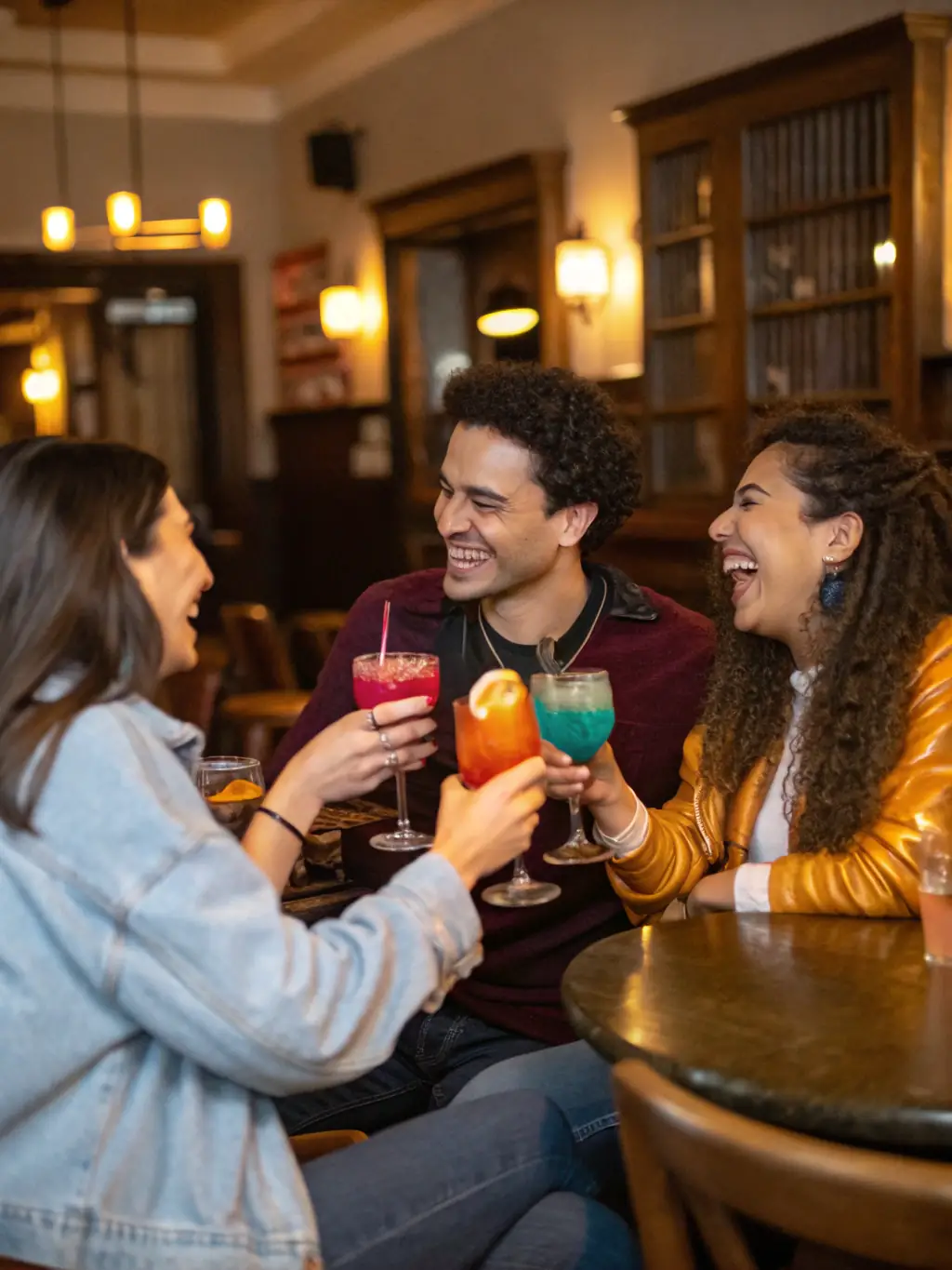 A fun and lively image of a private party with friends enjoying a variety of colorful cocktails prepared by a CosmicCocktails bartender, emphasizing the relaxed and personalized atmosphere for private gatherings.