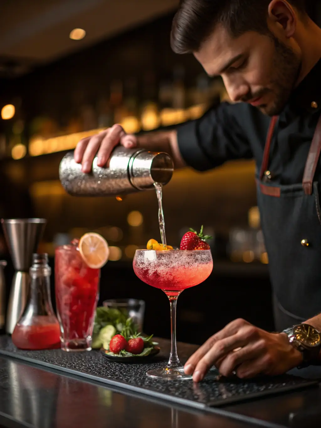 A sophisticated image of a mixologist crafting a unique cocktail with premium ingredients, showcasing the attention to detail and quality that CosmicCocktails brings to every event.